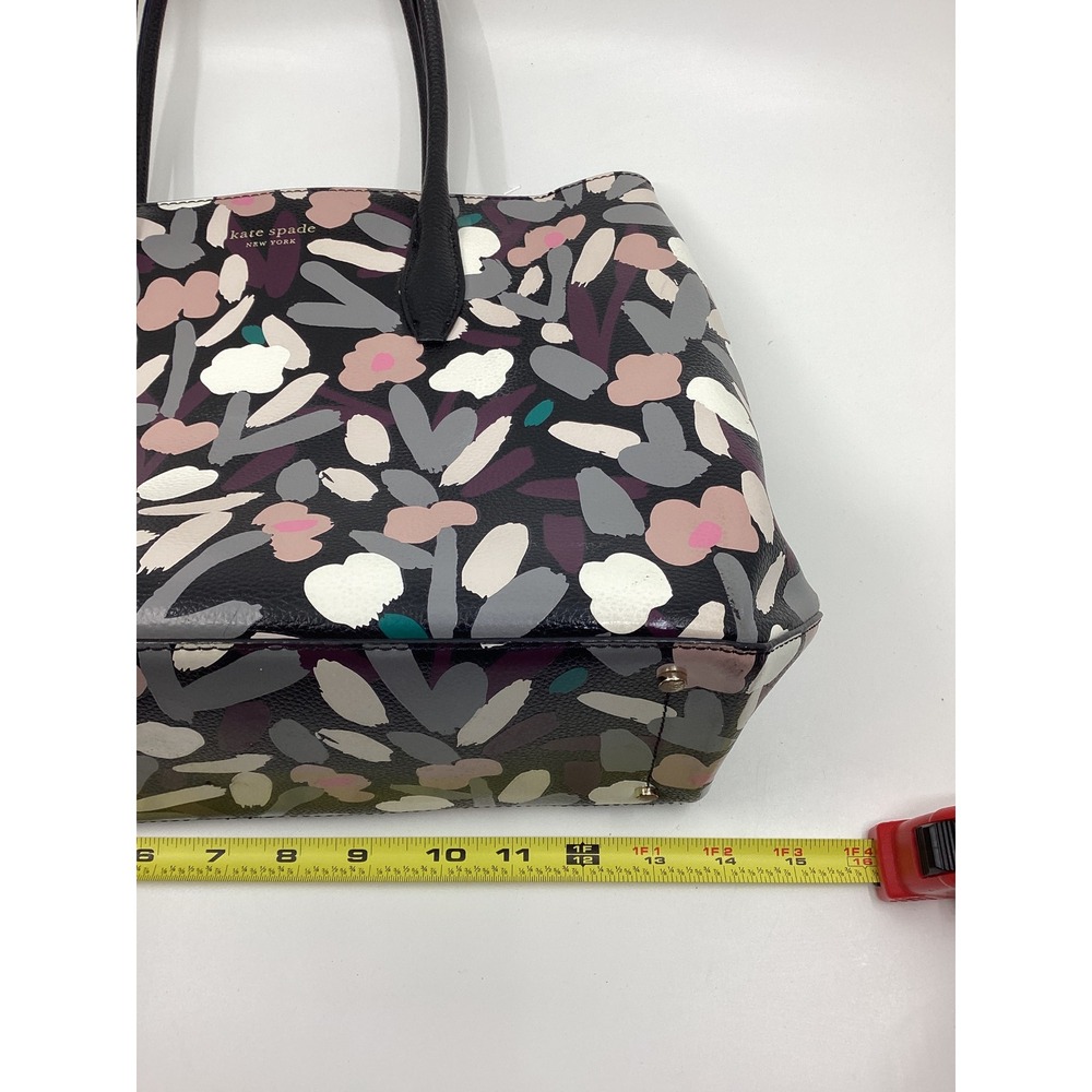 Kate Spade New York Black Floral Pebbled Leather Tote Bag Pink Purple Black - Picture 5 of 7